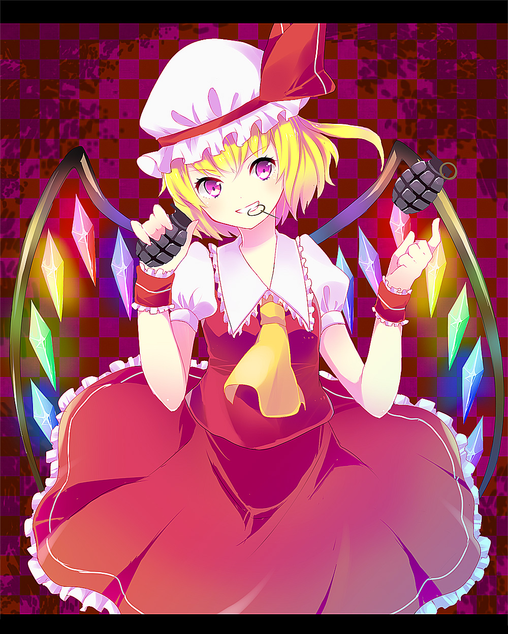 1girl, ascot, checkered, checkered_background, explosive, flandre_scarlet, grenade, hat, hat_ribbon, highres, letterboxed, mouth_hold, pika73, red_eyes, ribbon, side_ponytail, skirt, skirt_set, smile, solo, touhou, wings, wrist_cuffs
