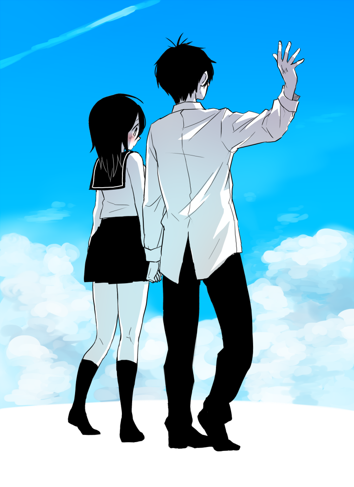 1boy, 1girl, blood_lad, blush, couple, hetero, holding_hands, long_hair