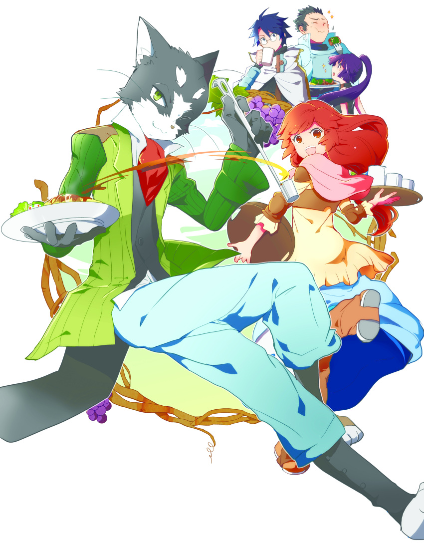 absurdres, akatsuki_(log_horizon), armor, blue_hair, cape, cat, cup, eating