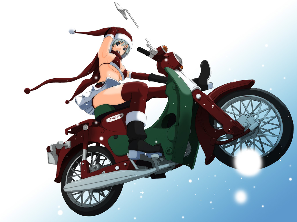 1girl, bikini_top, blue_eyes, blue_hair, boots, breasts, christmas, elbow_gloves