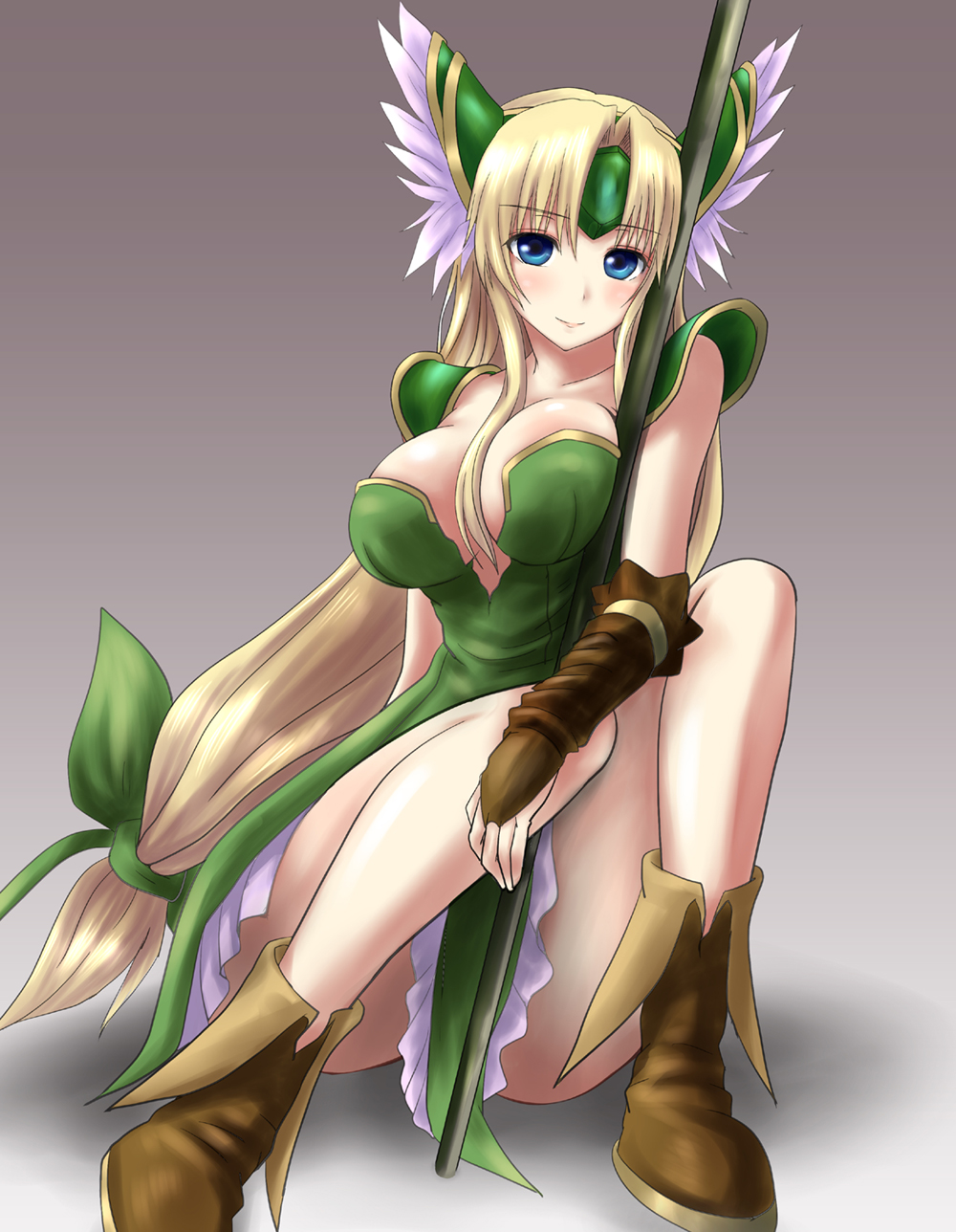 1girl, blonde_hair, blue_eyes, boots, breasts, grey_background, highres, light_smile
