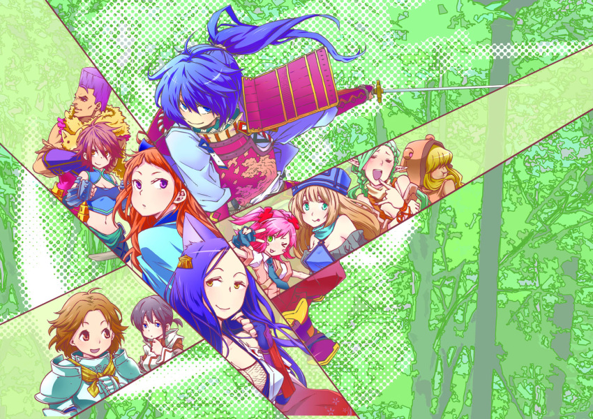 2boys, 6+girls, animal_ears, armor, blue_hair, brown_eyes, brown_hair, cape