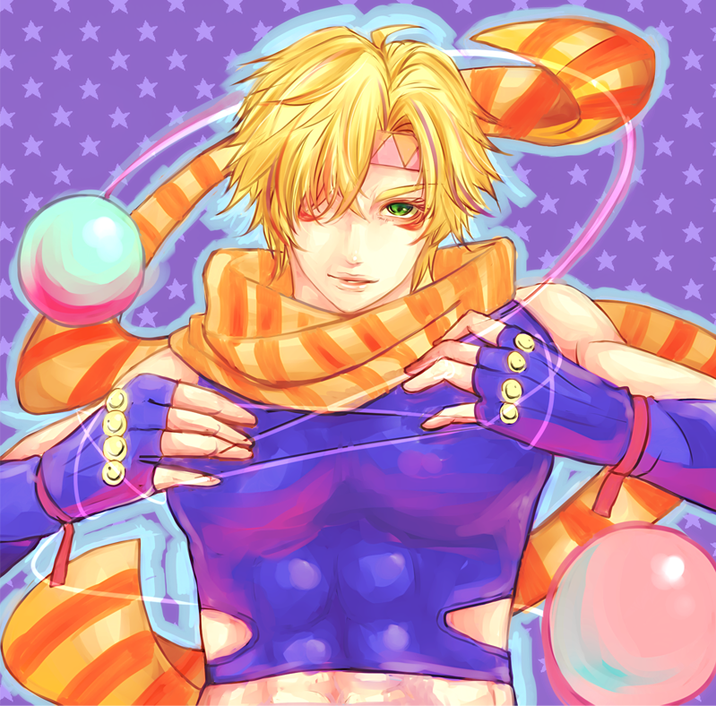 1boy, blonde_hair, bola_(weapon), caesar_anthonio_zeppeli, cosplay), facial_mark, fingerless_gloves, gloves