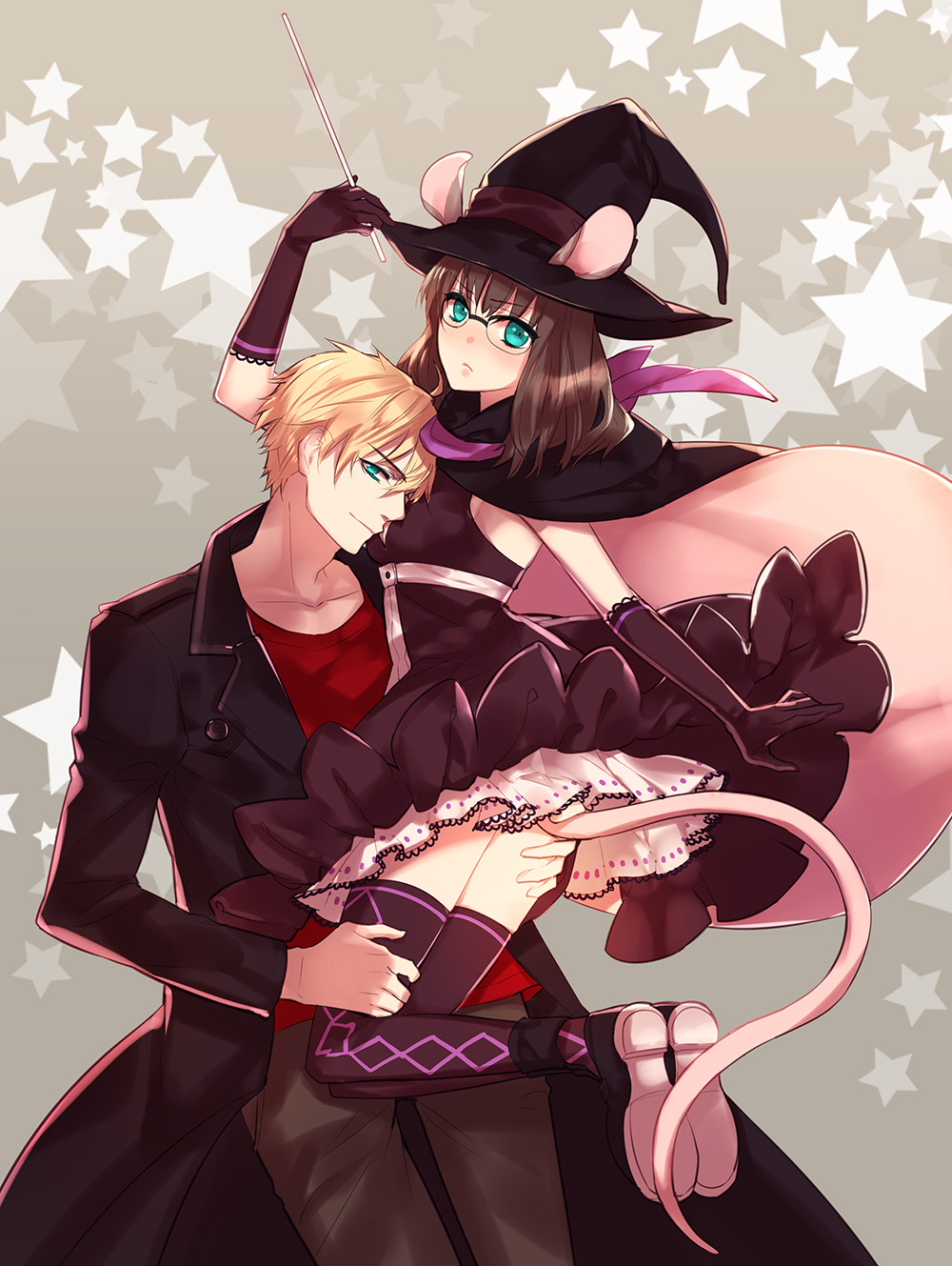 1boy, 1girl, animal_ears, argyle, argyle_legwear, blonde_hair, blue_eyes, brown_hair