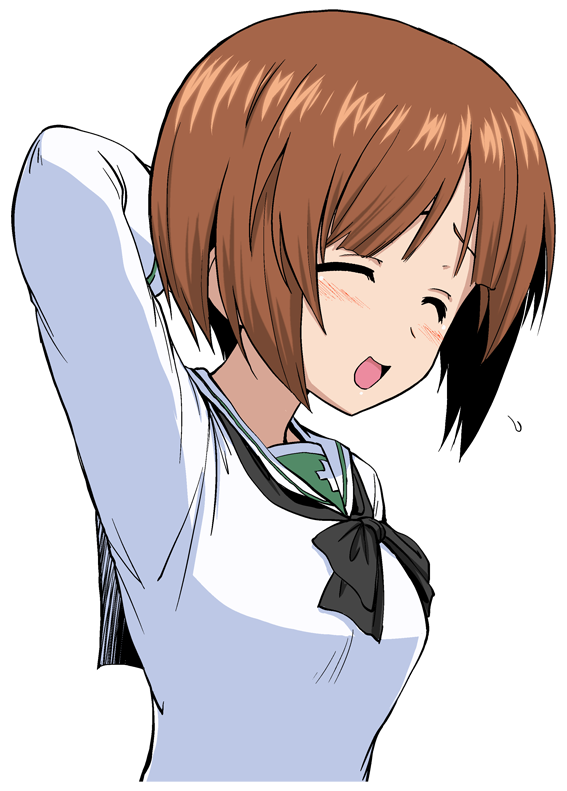 1girl, blush, closed_eyes, girls_und_panzer, hand_behind_head, hand_on_head, long_sleeves, neckerchief