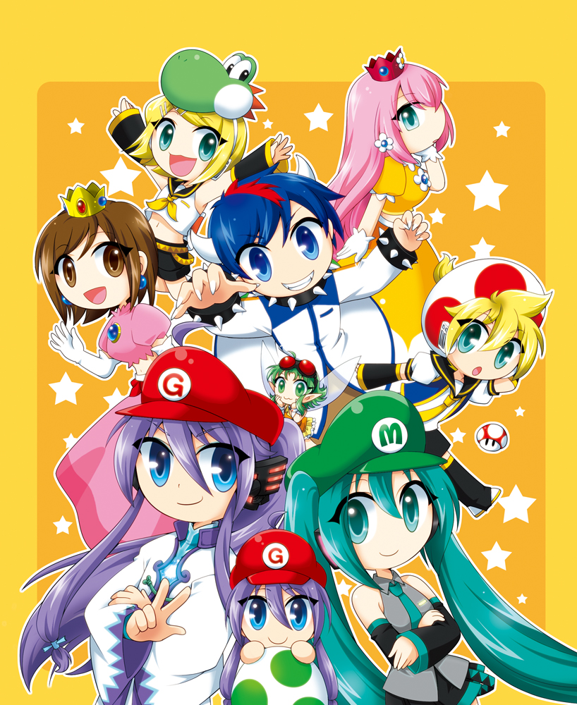 3boys, 5girls, aqua_hair, atora, bad_id, belt, blonde_hair, blue_eyes