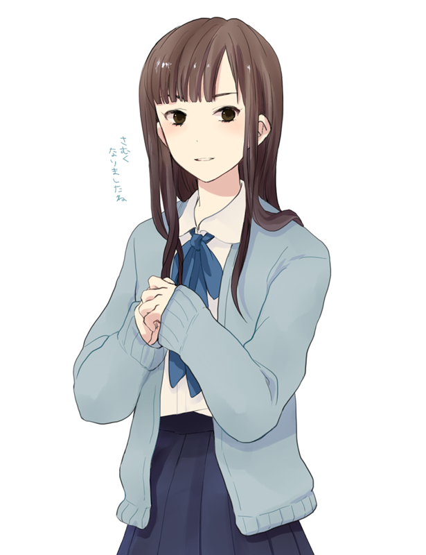 1girl, addiction, brown_eyes, brown_hair, cardigan, idolmaster, idolmaster_cinderella_girls, long_hair, mizumoto_yukari, ribbon, school_uniform, skirt, solo, translation_request