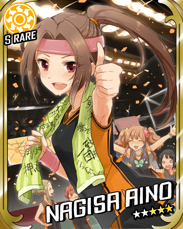 :d, aino_nagisa, armpits, blush, brown_hair, donburi_(artist), headband, idolmaster