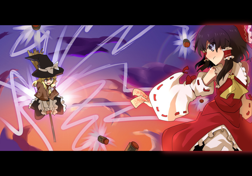2girls, battle, hakurei_reimu, itano_circus, kirisame_marisa, letterboxed, missile, multiple_girls