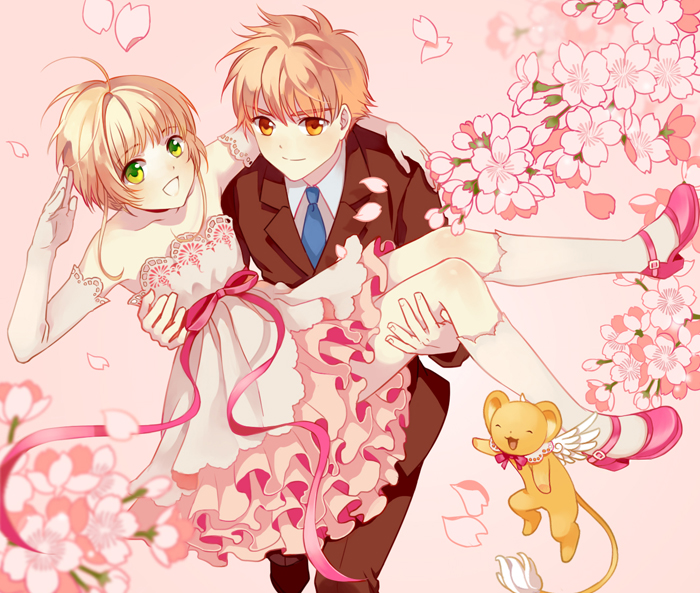 1boy, 1girl, brown_eyes, brown_hair, cardcaptor_sakura, carrying, cherry_blossoms, couple, dress, elbow_gloves, flower, formal, gloves, green_eyes, hetero, kebei, kero, kinomoto_sakura, li_xiaolang, princess_carry, short_hair, suit
