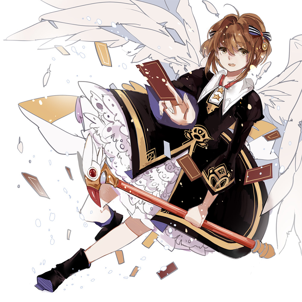 1girl, brown_hair, card, cardcaptor_sakura, dress, fuuin_no_tsue, green_eyes, kinomoto_sakura