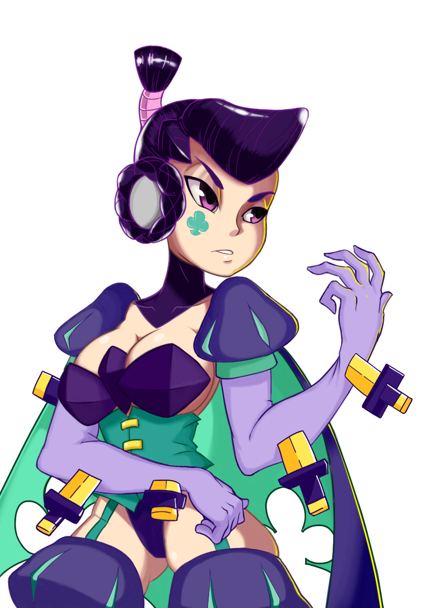 1girl, beatrix_(skullgirls), breasts, cape, cleavage, clubs, corset, knife