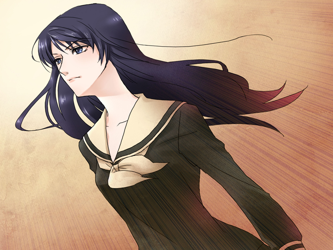 1girl, black_hair, blue_eyes, emphasis_lines, gradient, gradient_background, long_hair, long_sleeves, maria-sama_ga_miteru, ogasawara_sachiko, school_uniform, serafuku, solo, vuipui