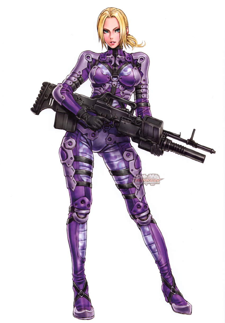 1girl, absurdres, assault_rifle, blaster, blonde_hair, bodysuit, breasts, contrapposto