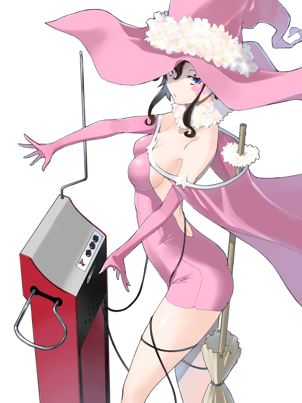 1girl, bare_shoulders, blue_eyes, broom, brown_hair, dress, elbow_gloves, facial_tattoo, gloves, hat, long_hair, looking_at_viewer, short_hair, simple_background, solo, tattoo, v_lila_f, white_background, yasuda_suzuhito, yozakura_quartet