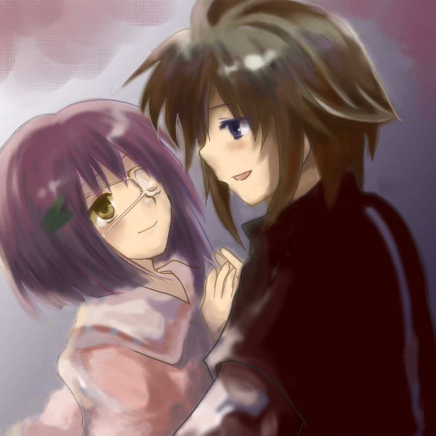 1girl, asou_renji, blue_eyes, brown_hair, couple, ef, eyepatch, morino_miyako