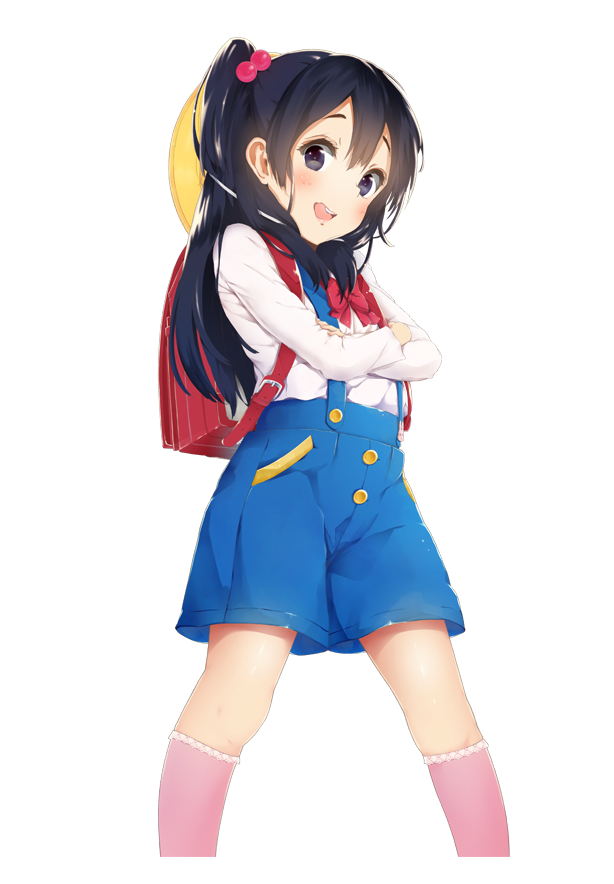 1girl, backpack, bag, black_hair, brown_eyes, from_below, hair_bobbles, hair_ornament