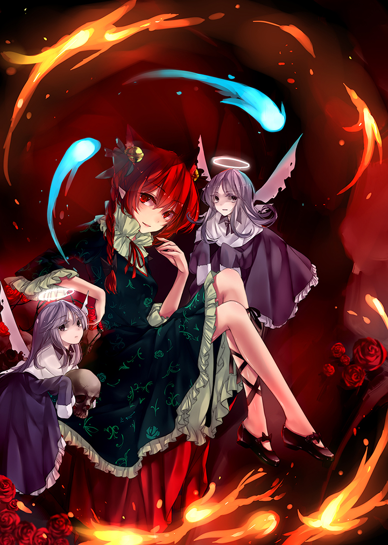 3girls, animal_ears, bell, bow, braid, cat_ears, dress, fire