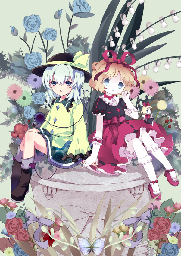 2girls, bellflower, blonde_hair, blue_eyes, blue_rose, bow, fairy_wings, flower, grey_eyes, hair_ribbon, hat, hat_bow, komeiji_koishi, long_sleeves, medicine_melancholy, multiple_girls, nekokyu, puffy_sleeves, ribbon, rose, shirt, short_hair, silver_hair, sitting, skirt, su-san, third_eye, touhou, wide_sleeves, wings