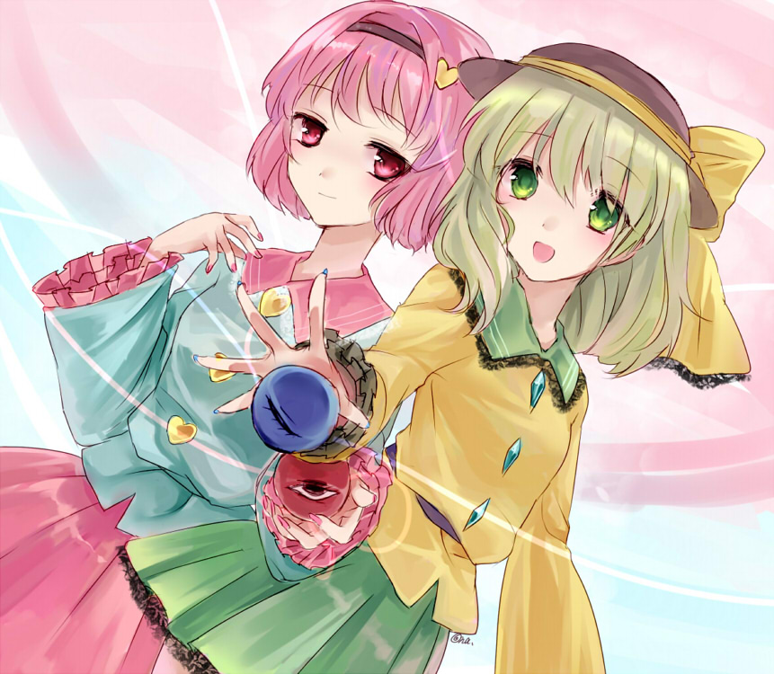 2girls, bow, green_eyes, green_hair, hairband, hat, hat_bow, heart