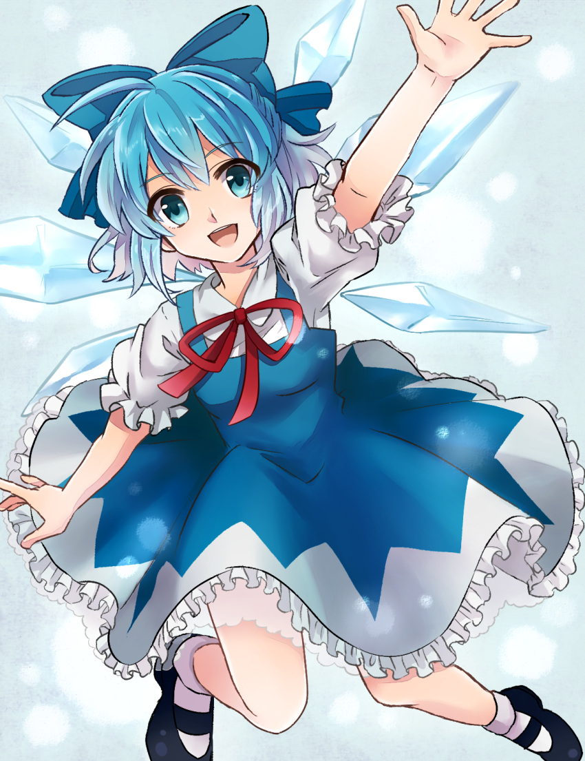 1girl, blue_dress, blue_eyes, blue_hair, bow, cirno, dress, hair_bow