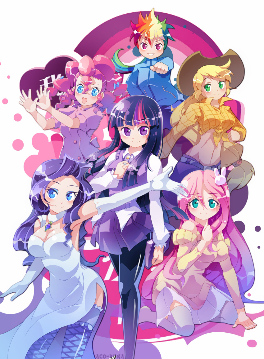 6+girls, applejack, aqua_eyes, armpits, belt, black_legwear, blonde_hair, blue_eyes
