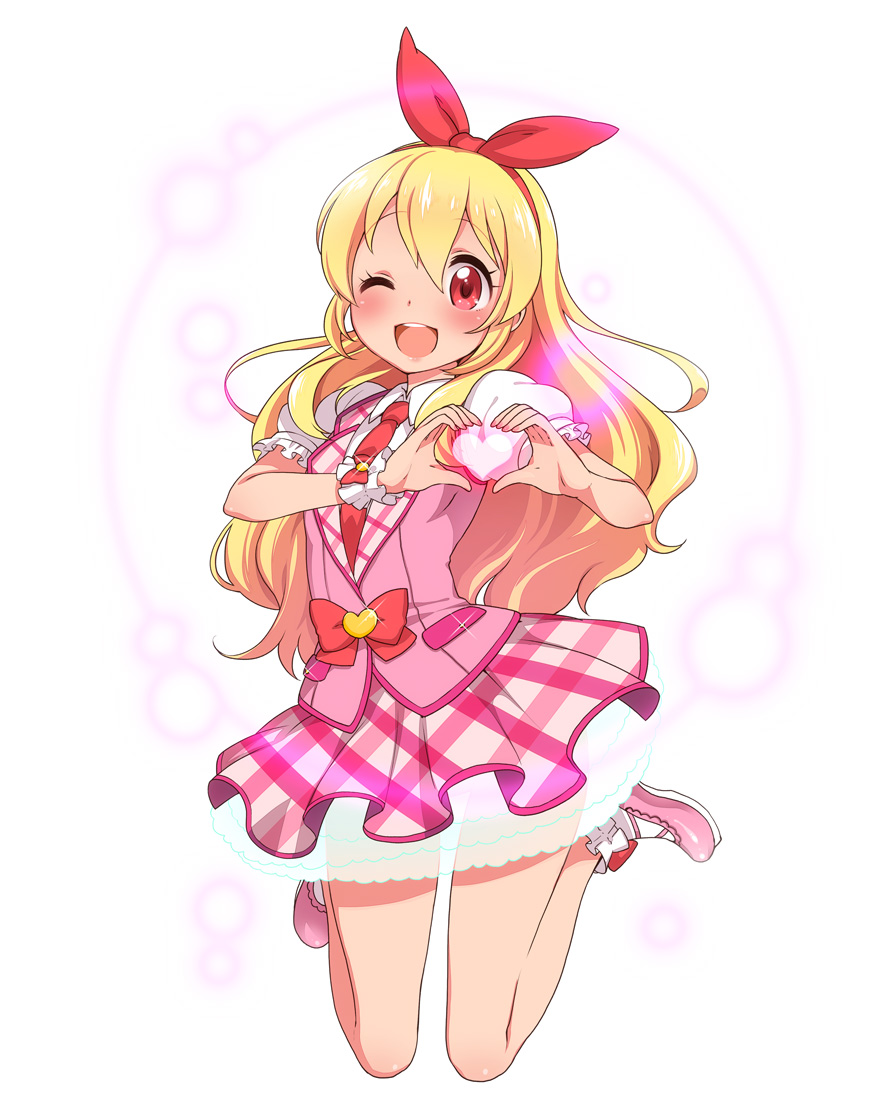 1girl, aikatsu!, blonde_hair, blush, dress, hair_ribbon, heart, heart_hands