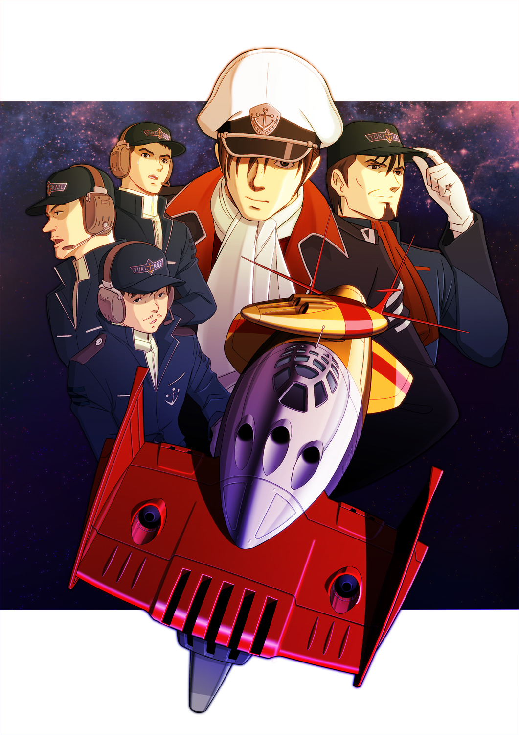5boys, anchor, antennae, beard, cannon, coat, facial_hair, gloves, hat, headgear, highres, jumpsuit, kodai_mamoru, logo, looking_at_viewer, military, military_uniform, multiple_boys, mustache, nicoa7, officer, scarf, science_fiction, space, space_craft, star_(sky), turret, uchuu_senkan_yamato, uchuu_senkan_yamato_2199, uniform, yukikaze_(spaceship)