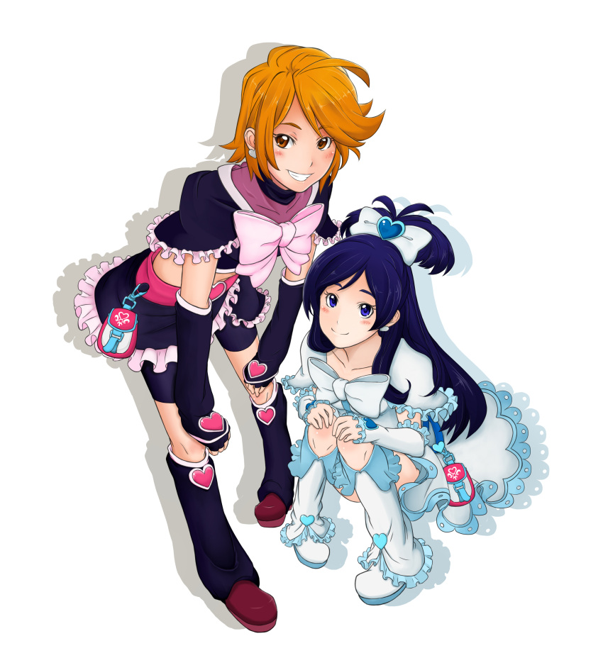 2girls, absurdres, arm_warmers, bike_shorts, blue_eyes, blue_hair, boots, bow
