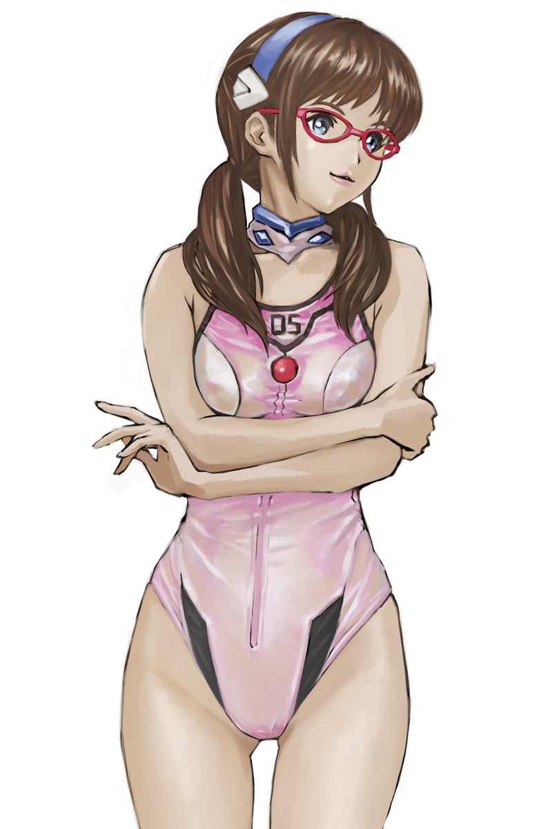 adapted_costume, brown_hair, evangelion:_2.0_you_can_(not)_advance, glasses, green_eyes, highres, konta, long_hair, makinami_mari_illustrious, neon_genesis_evangelion, rebuild_of_evangelion, swimsuit