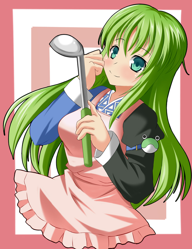 1girl, alternate_clothes, apron, breasts, frog, green_eyes, green_hair, japanese_clothes