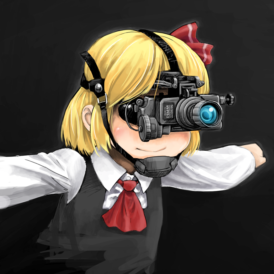 1girl, blonde_hair, chanko, night_vision_goggles, outstretched_arms, rumia, short_hair, solo, spread_arms, touhou