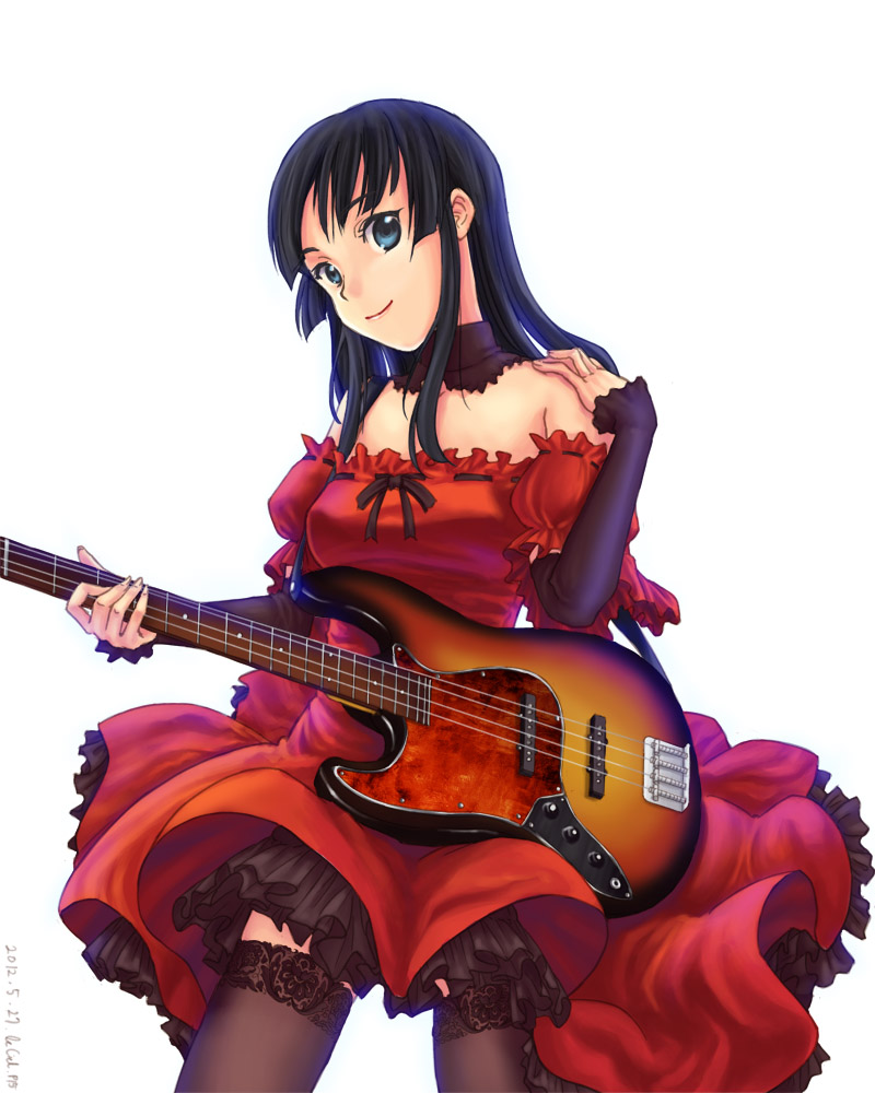 1girl, akiyama_mio, bass_guitar, black_eyes, black_hair, dress, electric_guitar, eud_(systemblue)