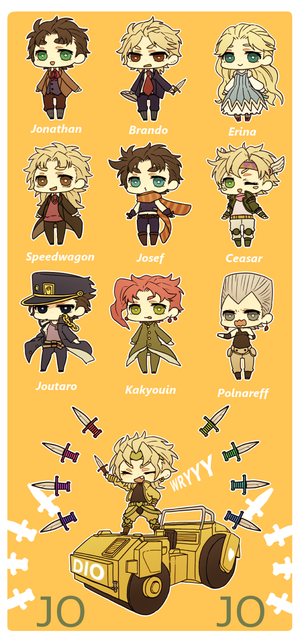 caesar_anthonio_zeppeli, chibi, dio_brando, erina_pendleton, highres, jean_pierre_polnareff, jojo_no_kimyou_na_bouken, jonathan_joestar