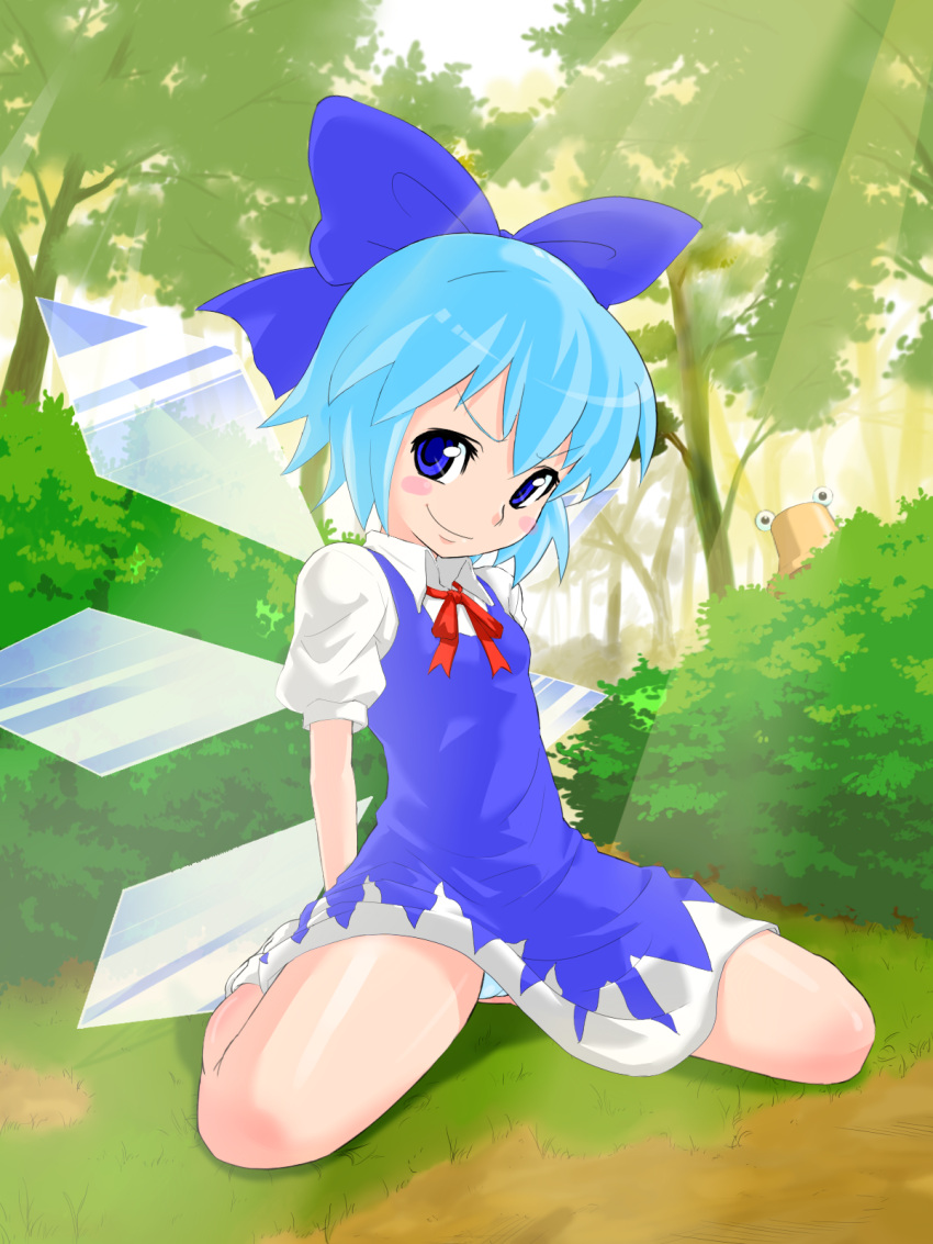 blue_hair, blush_stickers, bow, cirno, hair_bow, hat, highres, moriya_suwako