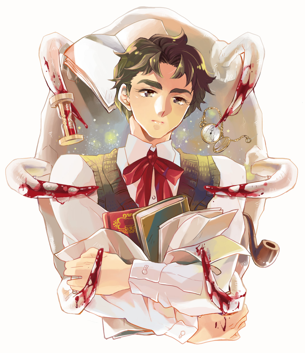 1boy, black_eyes, black_hair, blood, book, highres, hourglass, jojo_no_kimyou_na_bouken, jonathan_joestar, kinoshita_kirin, pipe, solo, stone_mask_(jojo)