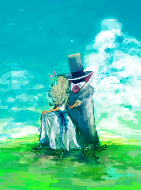 1boy, 1girl, butterfly_hair_ornament, count_noir, hair_ornament, hat, lady_timpani, long_hair, paper_mario, super_paper_mario, suzumecha, top_hat