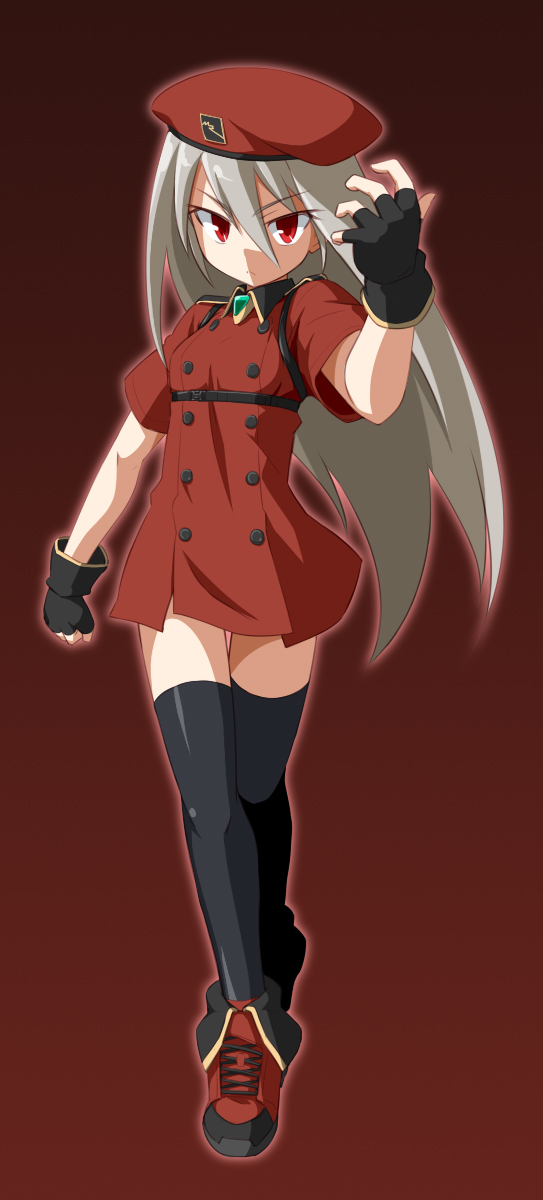 1girl, beret, black_legwear, elena_trafalgar, fingerless_gloves, gloves, hat, highres
