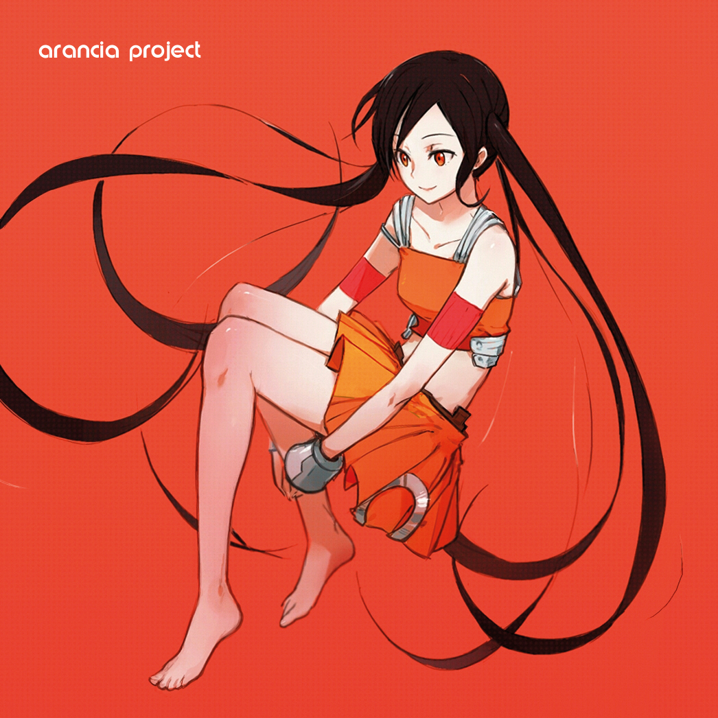 1girl, arancia, barefoot, black_hair, feet, francisco_valle, long_hair, midriff