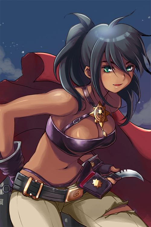 1girl, aqua_eyes, arm_behind_back, bare_shoulders, belt, blue_hair, breasts, cape