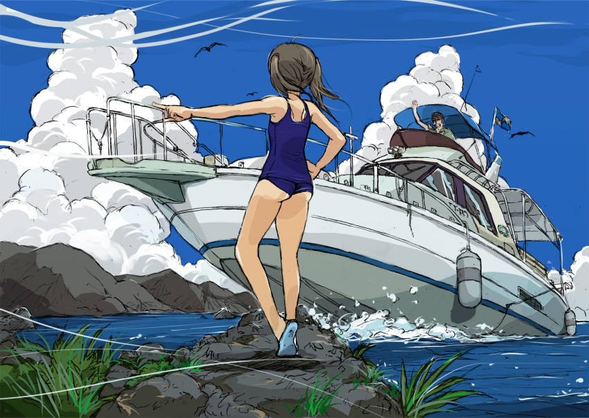 1boy, 1girl, aoi_zero, ass, bird, black_hair, boat, clouds