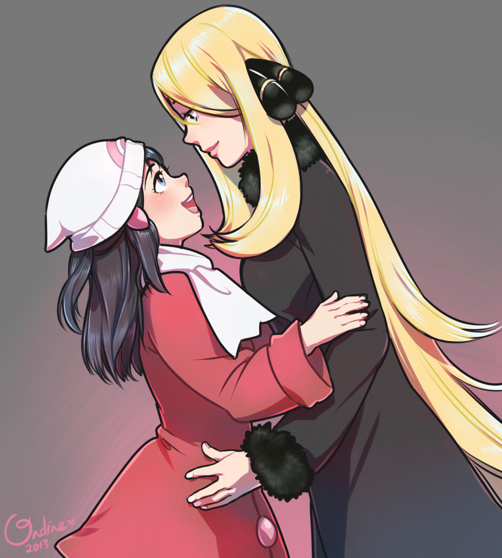 2013, 2girls, :d, age_difference, black_hair, blonde_hair, blue_eyes, eye_contact
