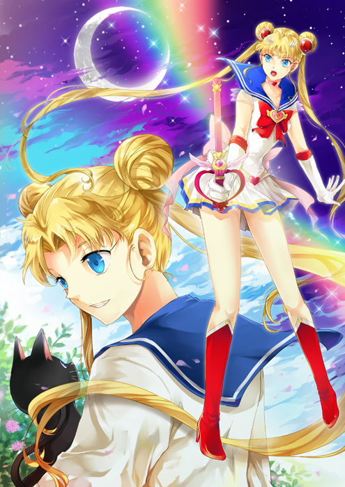 2girls, bishoujo_senshi_sailor_moon, blonde_hair, blue_eyes, boots, bow, brooch, choker
