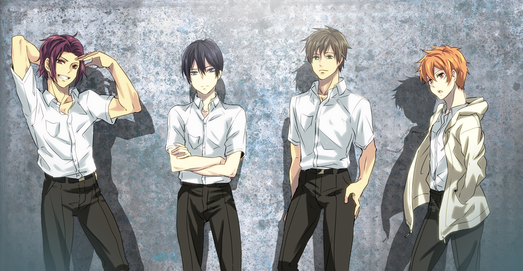 4boys, alternate_costume, arms_up, blue_eyes, brown_eyes, brown_hair, crossed_arms, free!