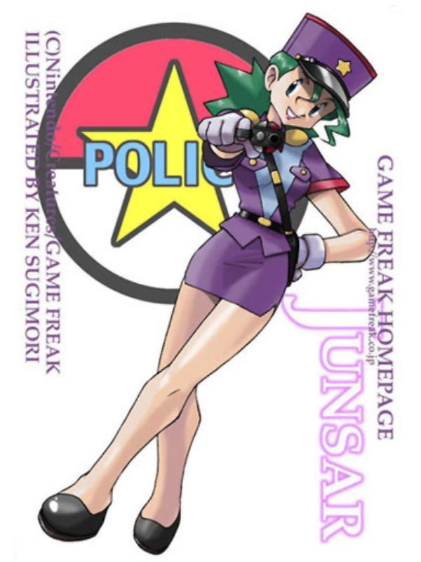 1girl, aiming_at_viewer, bare_legs, belt, crossed_legs_(standing), female, flats, gloves, green_eyes, green_hair, gun, hand_on_hip, hat, junsaa_(pokemon), miniskirt, official_art, pistol, poke_ball, pokemon, police, police_uniform, policewoman, skirt, solo, sugimori_ken, uniform, weapon, white_gloves