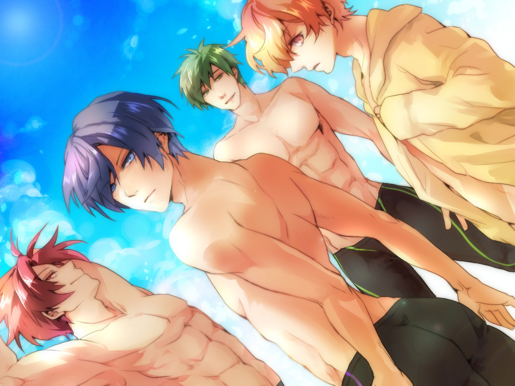 4boys, @@@, abs, arms_up, ass, brown_hair, free!, green_hair