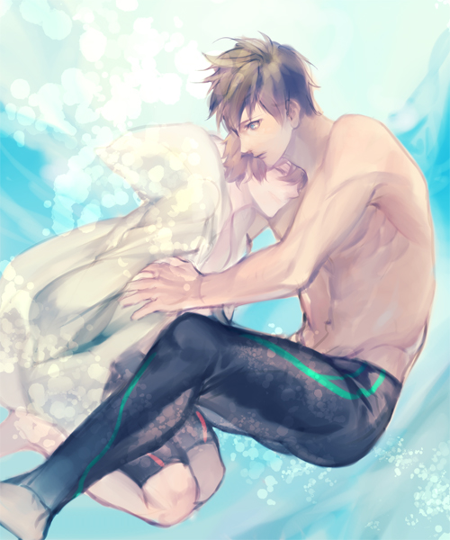 2boys, free!, hazuki_nagisa, hoodie, kyoto_animation_cm, multiple_boys, shirtless, swimwear
