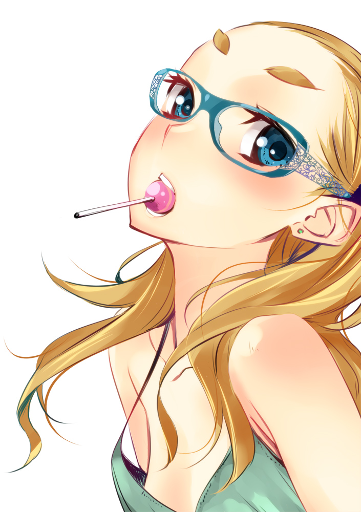 blonde_hair, blue_eyes, breasts, bust, candy, cleavage, dekoglasses, earrings