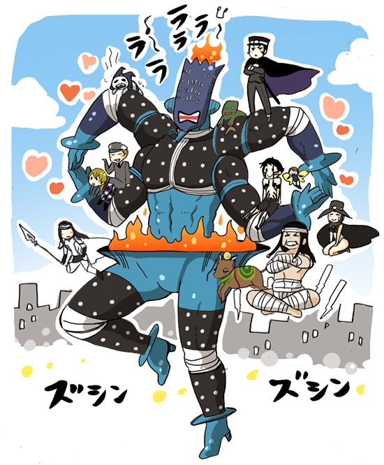 1boy, atlus, blonde_hair, closed_eyes, cu_chulainn_(megami_tensei), devil_summoner, flame, futsunushi, hat, heart, hitoshura, jack_frost, kuzunoha_raidou, louis_cypher, mada_(megaten), mashuu_masaki, polearm, scathach, shin_megami_tensei, shin_megami_tensei_iii:_nocturne, smile, spear, weapon