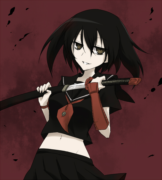 1girl, akame_ga_kill!, black_hair, brown_eyes, crop_top, grin, katana, kurome_(akame_ga_kill!)